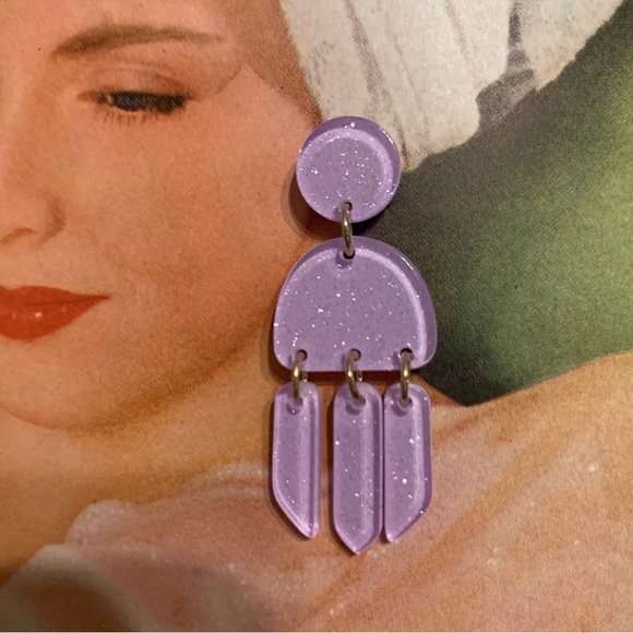 Contemporary Statement‎ Dangle Earrings Lavender Glitter Retro New Boutique - Picture 3 of 3
